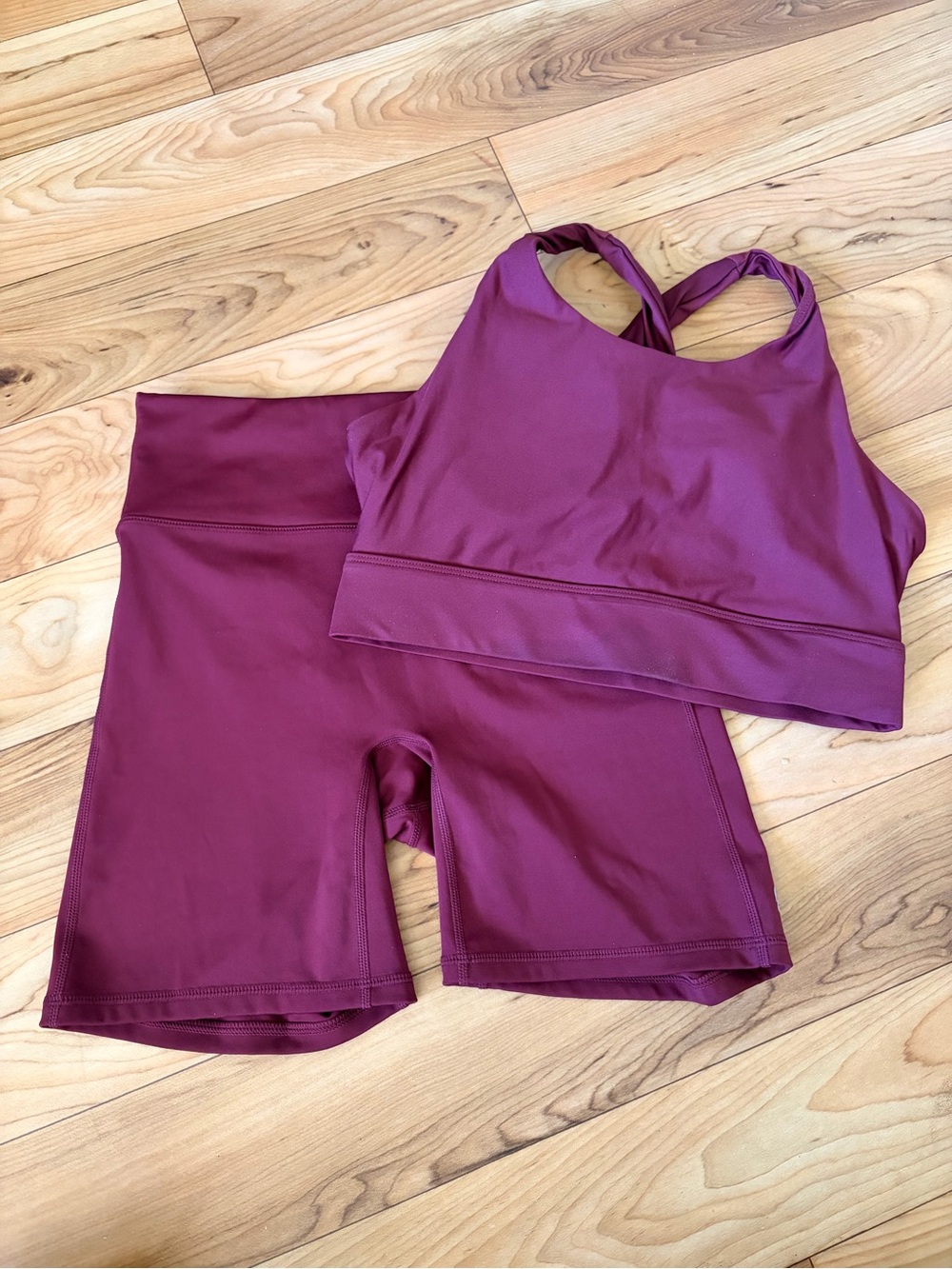 Fabletics Deep Wine Maroon Active Crop Top and Shorts Set